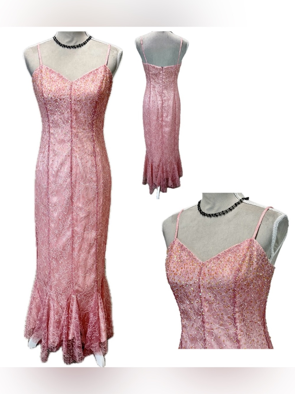 Vintage Y2K Rimini Prom Dress Maxi Gown 6 Pink Lace Mermaid Sequin Fairy Glam